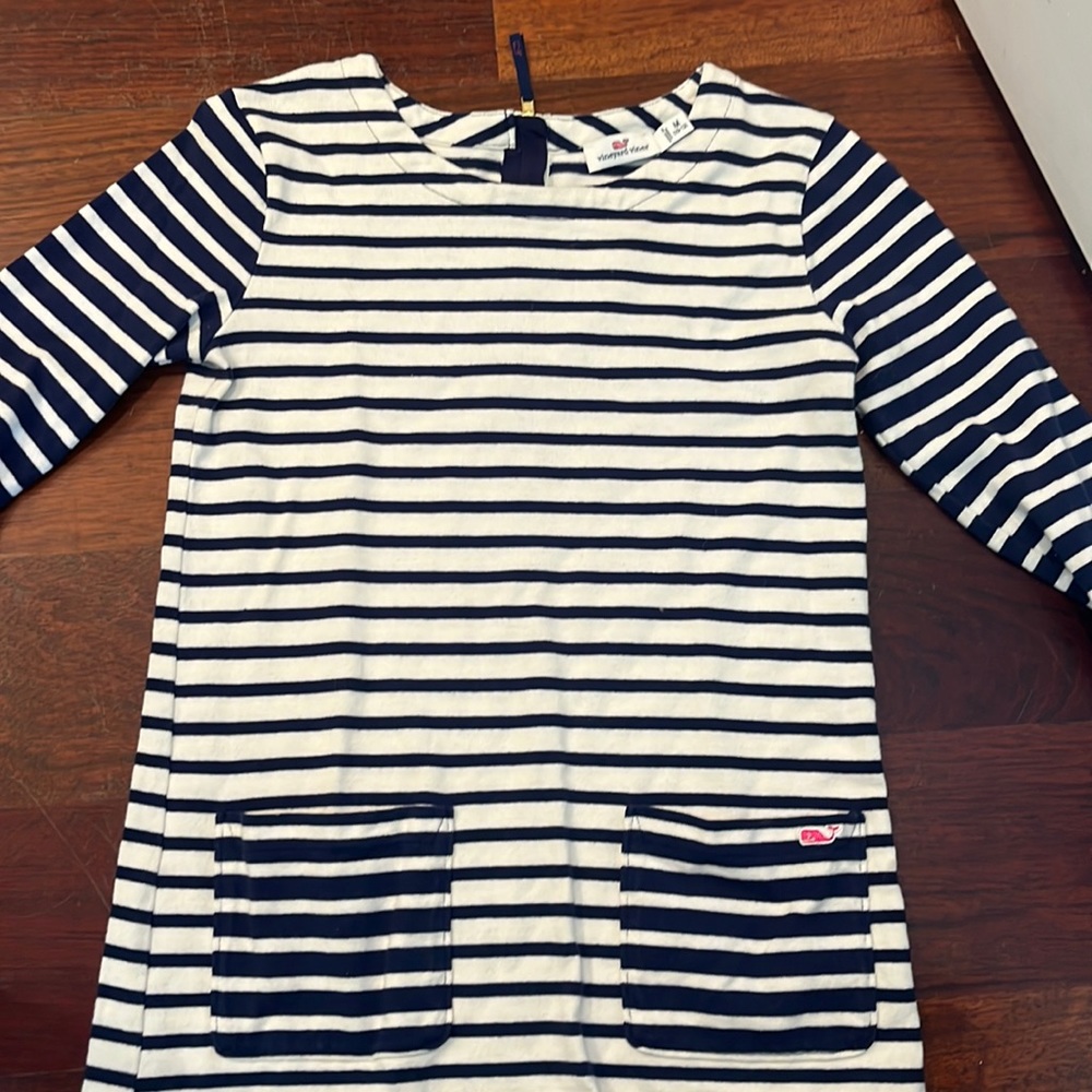 Girls, long sleeve vineyard, vines, navy and white striped dress size m
